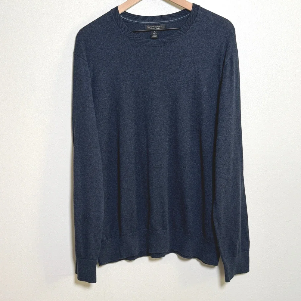 Banana Republic Mens Silk Cotton Cashmere Sweater XL Blue Crewneck Preppy Luxury
